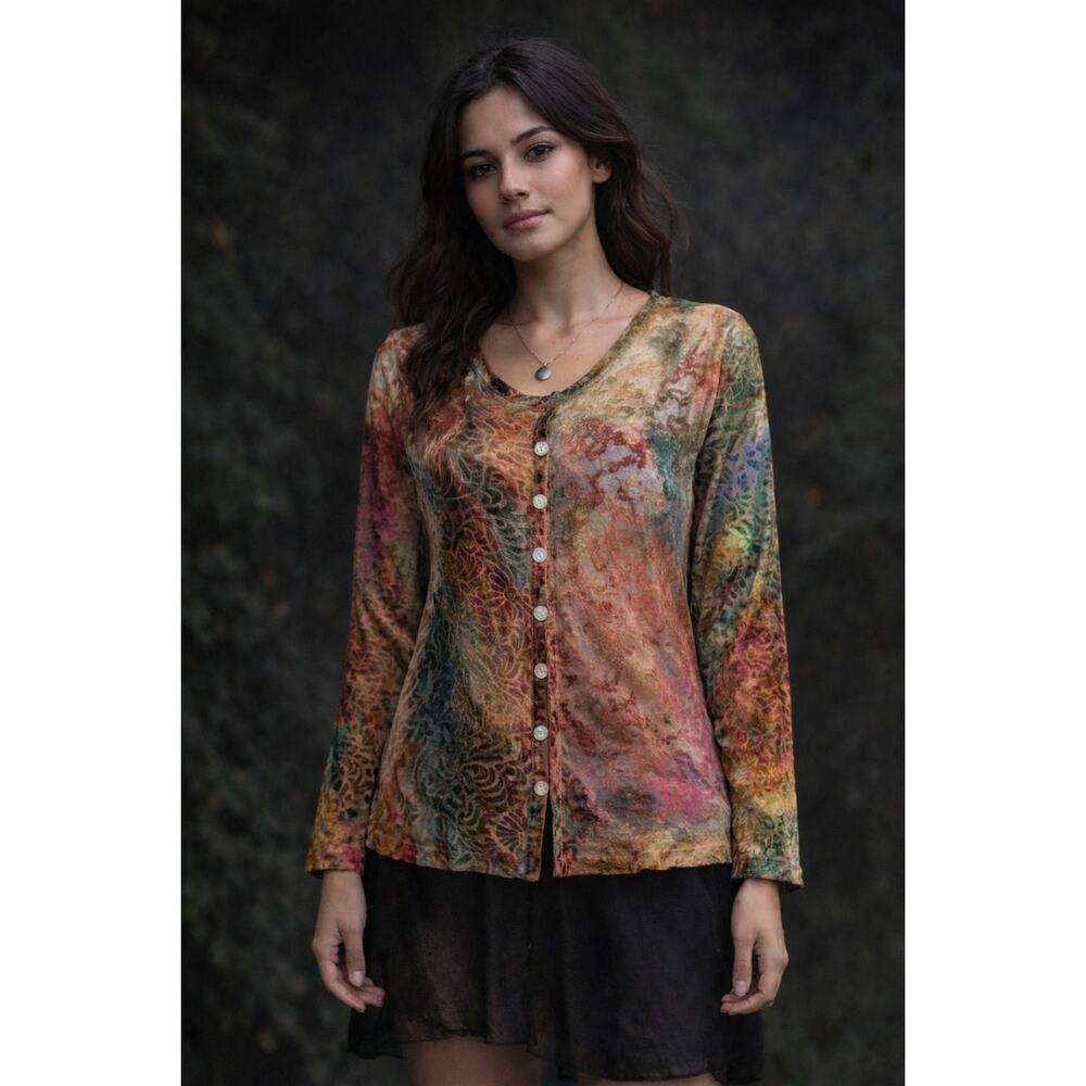 Vntg Y2K Velvet Burnout Fairygrunge Whimsigoth Button Front Sheer Cardigan XL